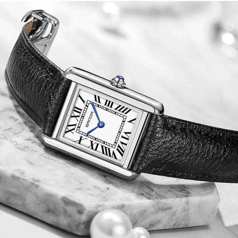 Relógio Quadrado de Aço Inoxidável e Couro Preto | Dumont